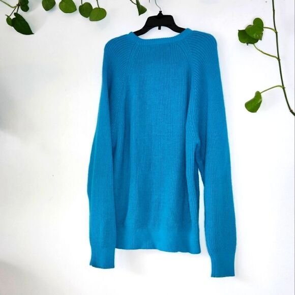 80s Oversize Acrylic Knit Teal Sweater Crew Neck Sz Large Vintage Cozy Long - Picture 1 of 4